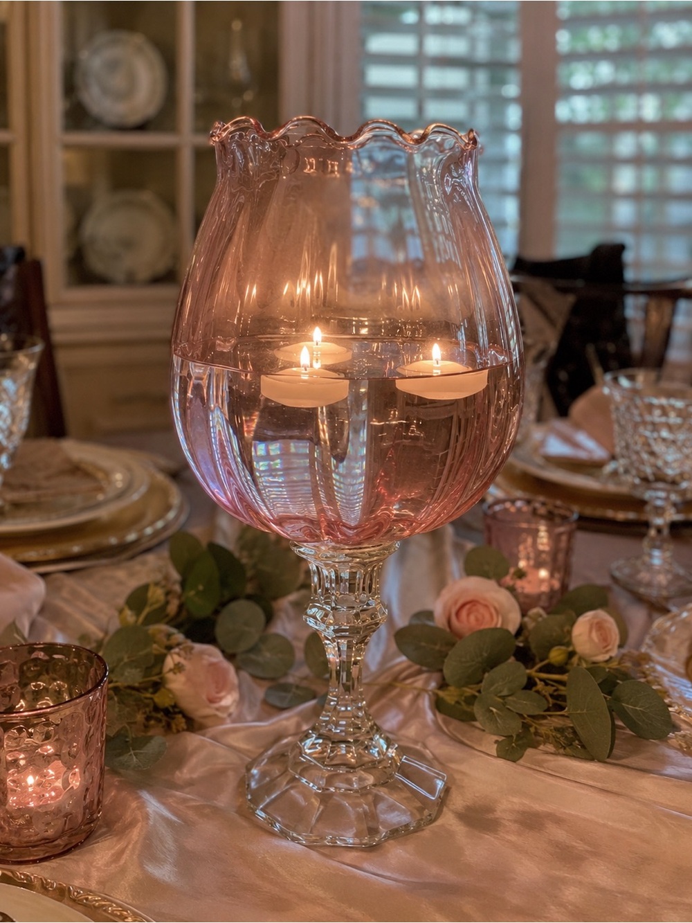 Vtg MCM Empoli Style Pink Optic Glass Goblet Vase Ruffled Brandy Snifter 11"